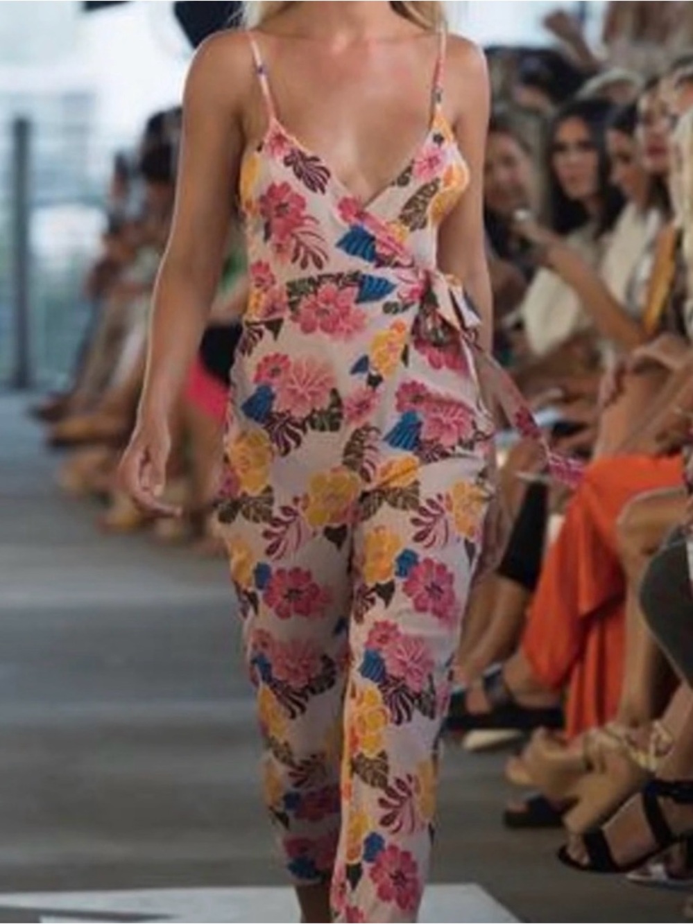acacia swimwear Pink Floral Wrap Jumpsuit with Yellow & Blue Accents